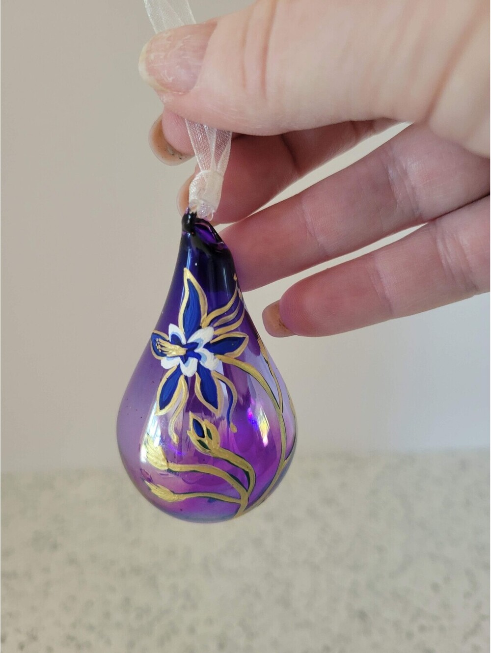 Vtg Purple Hand Blown Art Glass Floral Drop Hanging Christmas Ornament WP